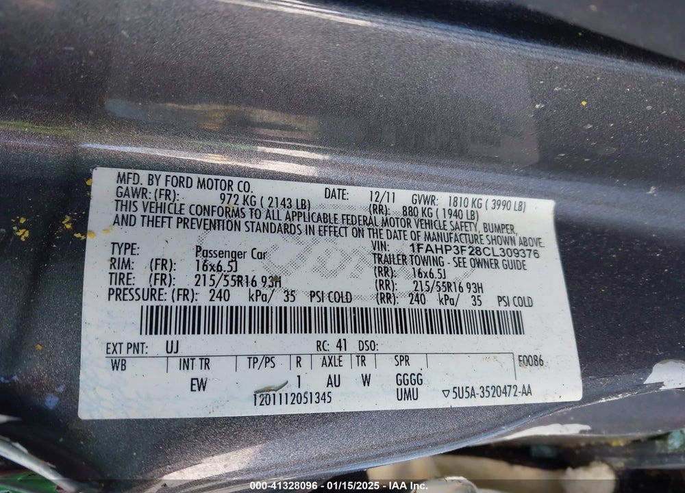 2012 FORD FOCUS VIN: 1FAHP3F28CL309376