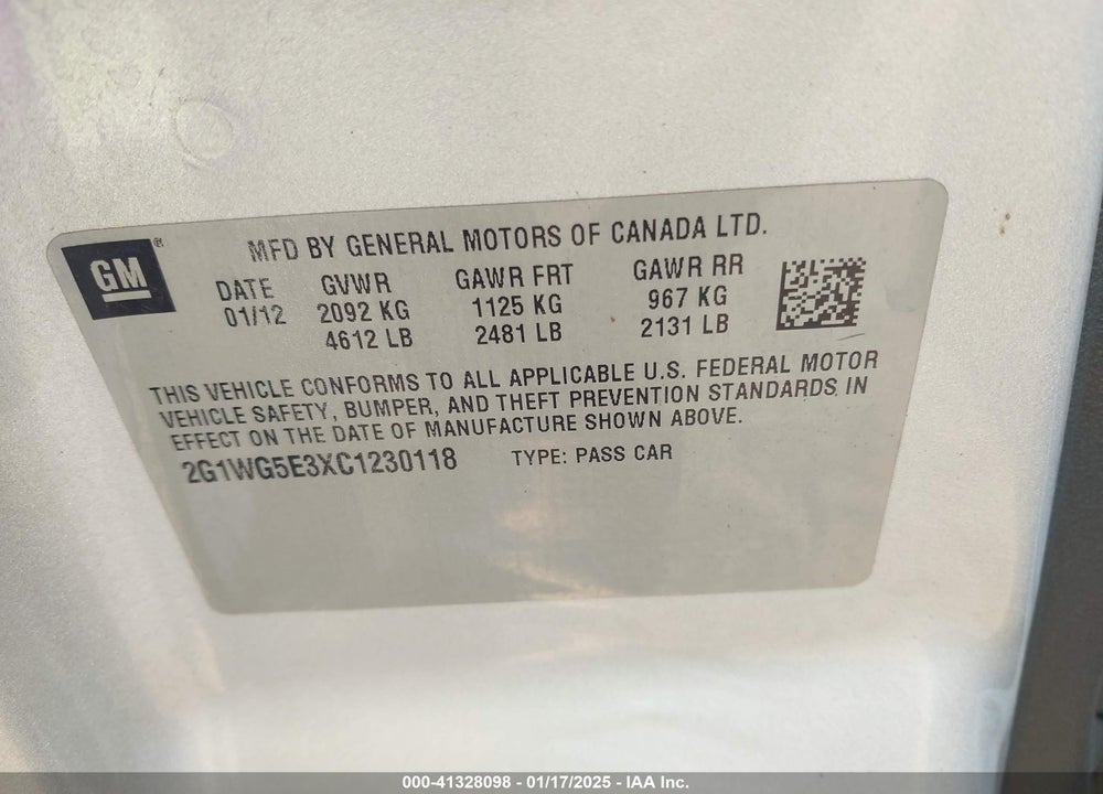 2012 CHEVROLET IMPALA LT FLEET VIN: 2G1WG5E3XC1230118