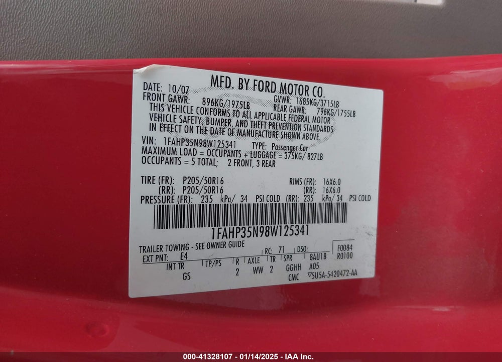 2008 FORD FOCUS VIN: 1FAHP35N98W125341