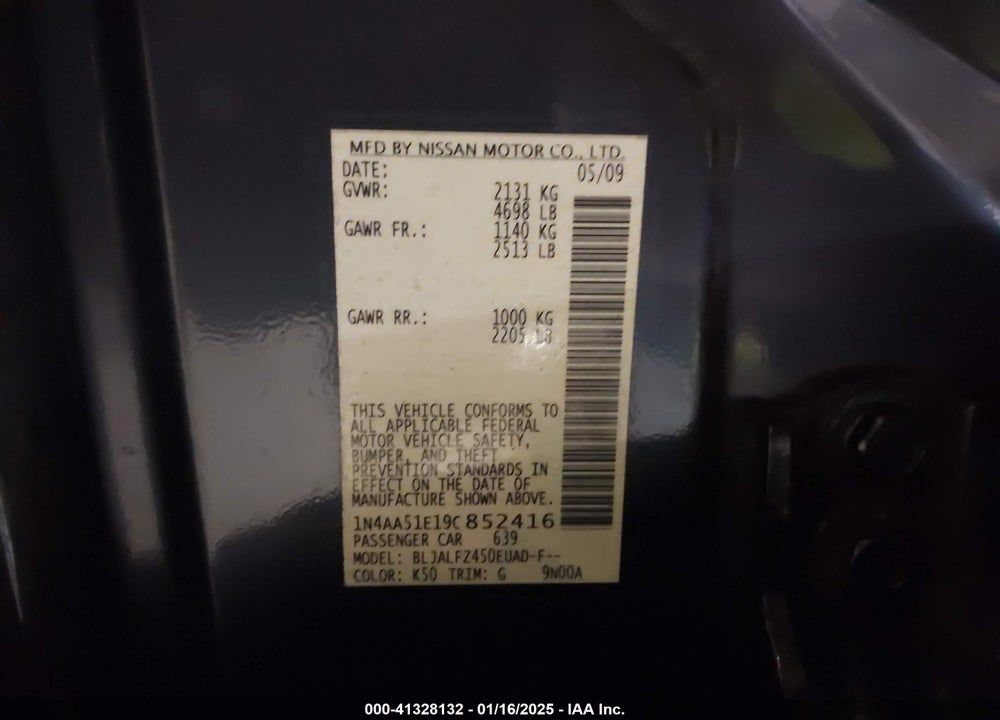 2009 NISSAN MAXIMA VIN: 1N4AA51E19C852416