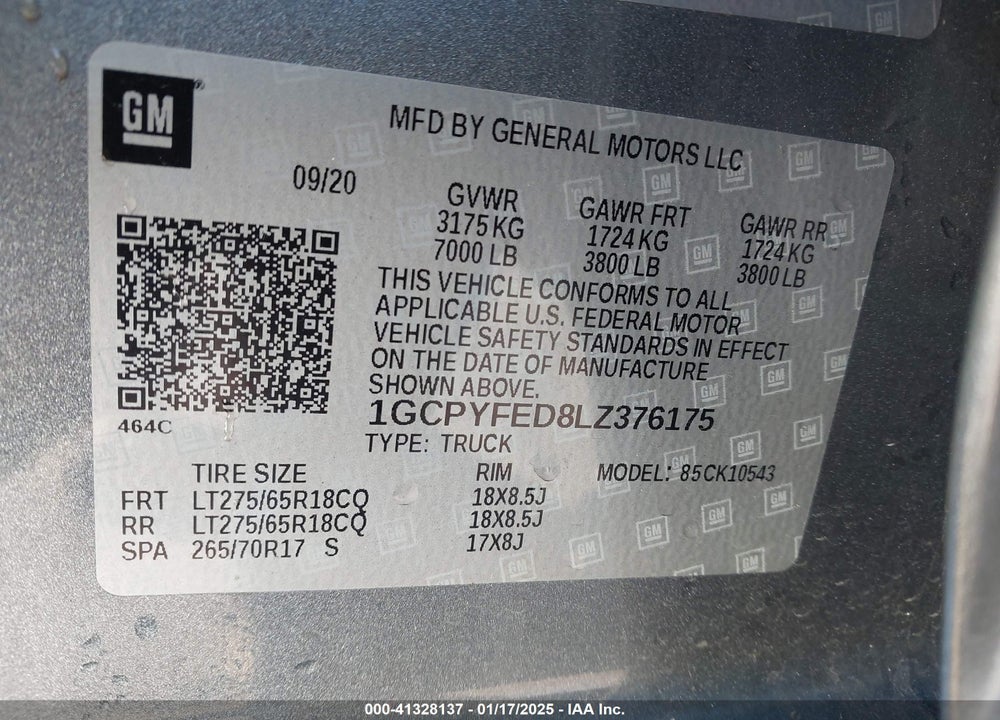 2020 CHEVROLET SILVERADO 1500 4WD SHORT BED LT TRAIL BOSS VIN: 1GCPYFED8LZ376175