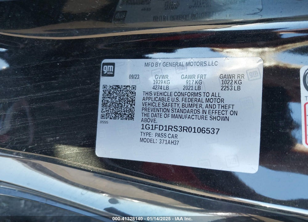 2024 CHEVROLET CAMARO VIN: 1G1FD1RS3R0106537