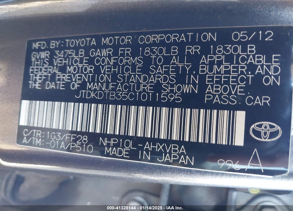 2012 TOYOTA PRIUS C TWO VIN: JTDKDTB35C1011595
