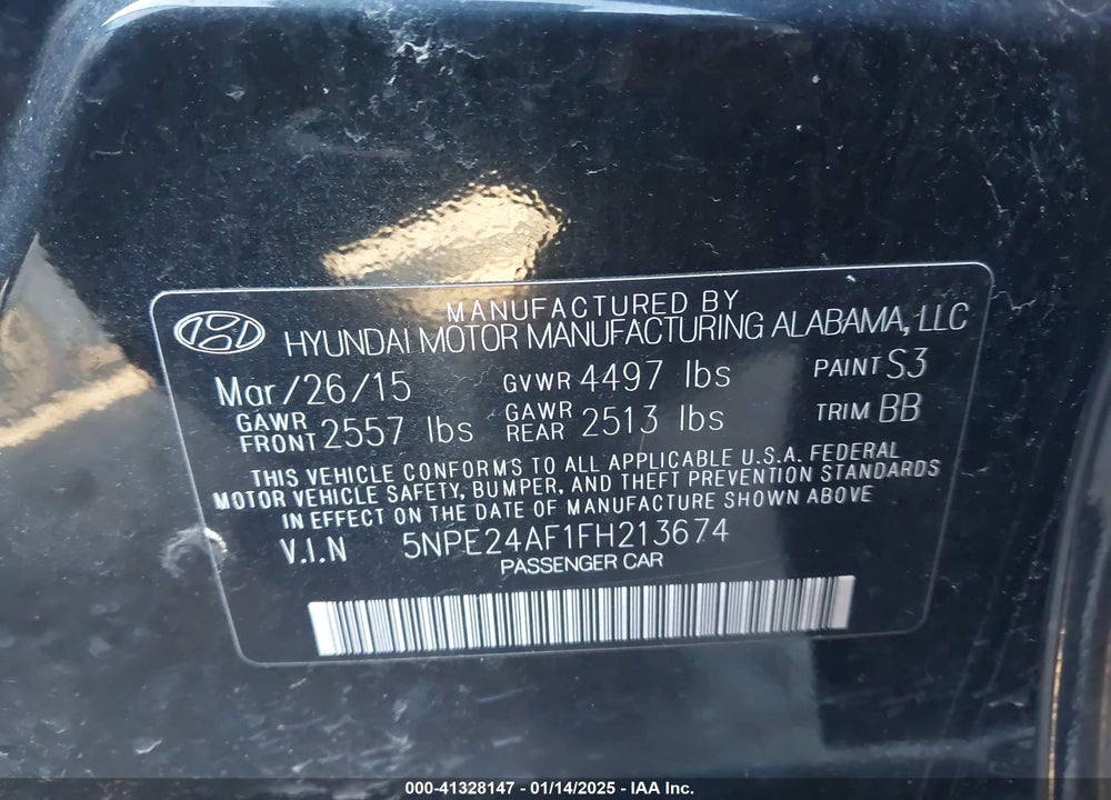 2015 HYUNDAI SONATA SE VIN: 5NPE24AF1FH213674