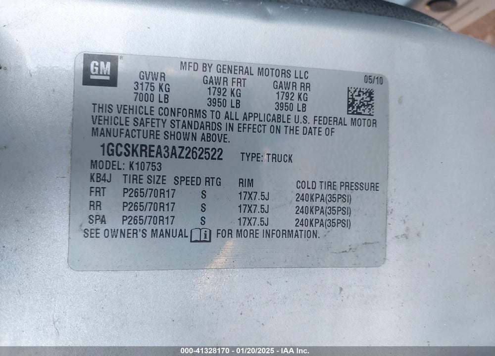 2010 CHEVROLET SILVERADO 1500 LS VIN: 1GCSKREA3AZ262522