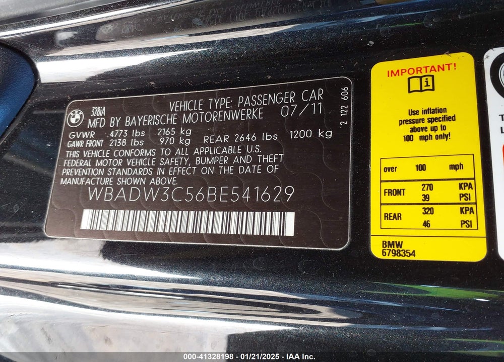 2011 BMW 328 VIN: WBADW3C56BE541629