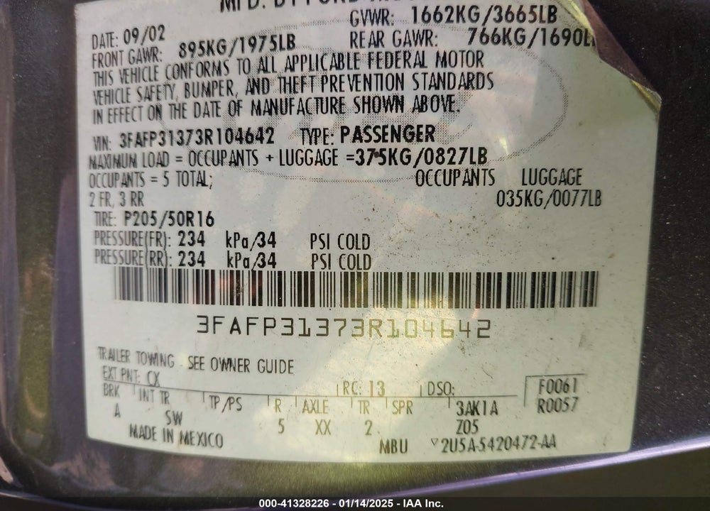 2003 FORD FOCUS ZX3 VIN: 3FAFP31373R104642
