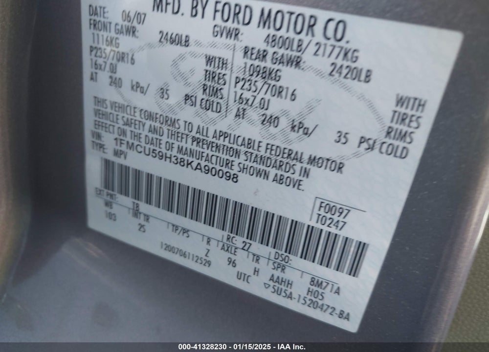 2008 FORD ESCAPE HYBRID VIN: 1FMCU59H38KA90098