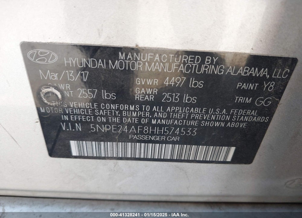 2017 HYUNDAI SONATA VIN: 5NPE24AF8HH574533