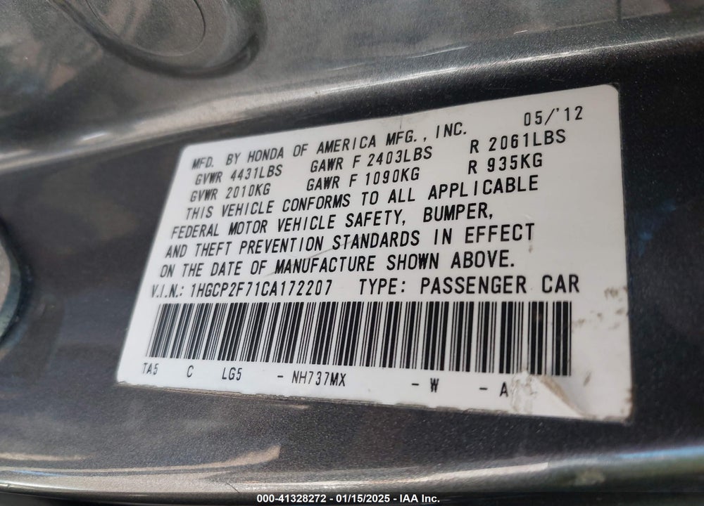 2012 HONDA ACCORD 2.4 EX VIN: 1HGCP2F71CA172207