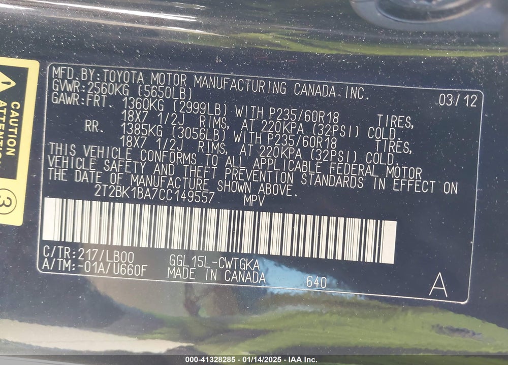 2012 LEXUS RX 350 VIN: 2T2BK1BA7CC149557