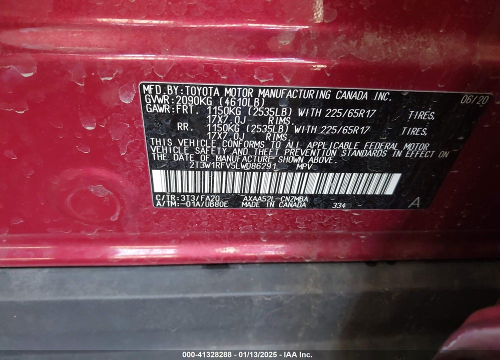 2020 TOYOTA RAV4 VIN: 2T3W1RFV5LW086291