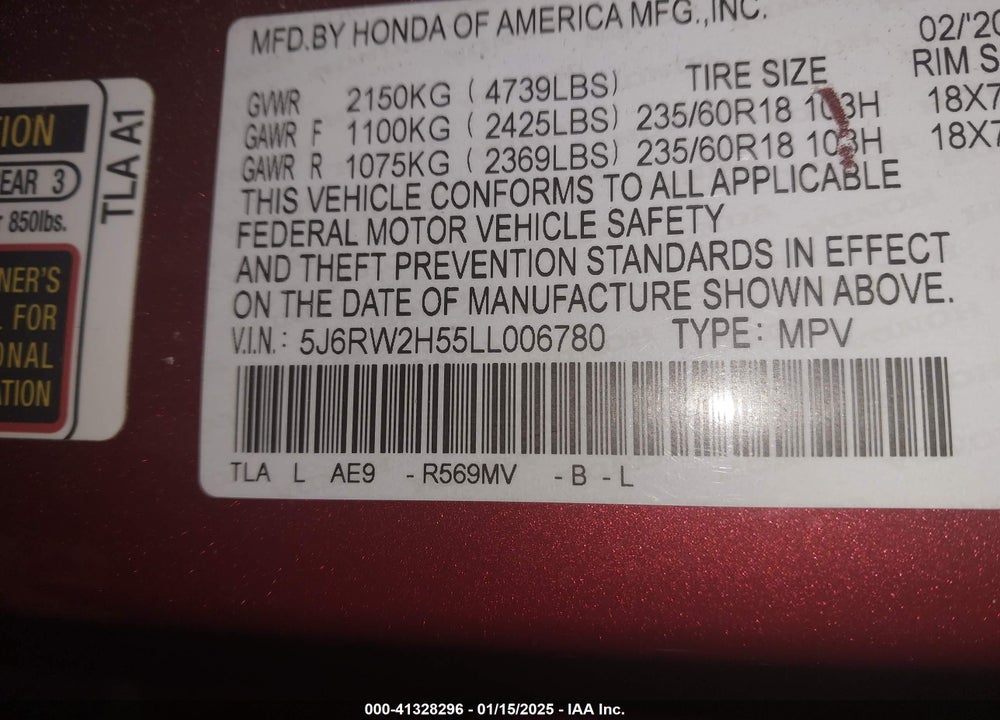 2020 HONDA CR-V VIN: 5J6RW2H55LL006780