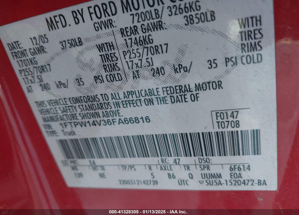 2006 FORD F-150 FX4/LARIAT/XLT VIN: 1FTPW14V36FA66816