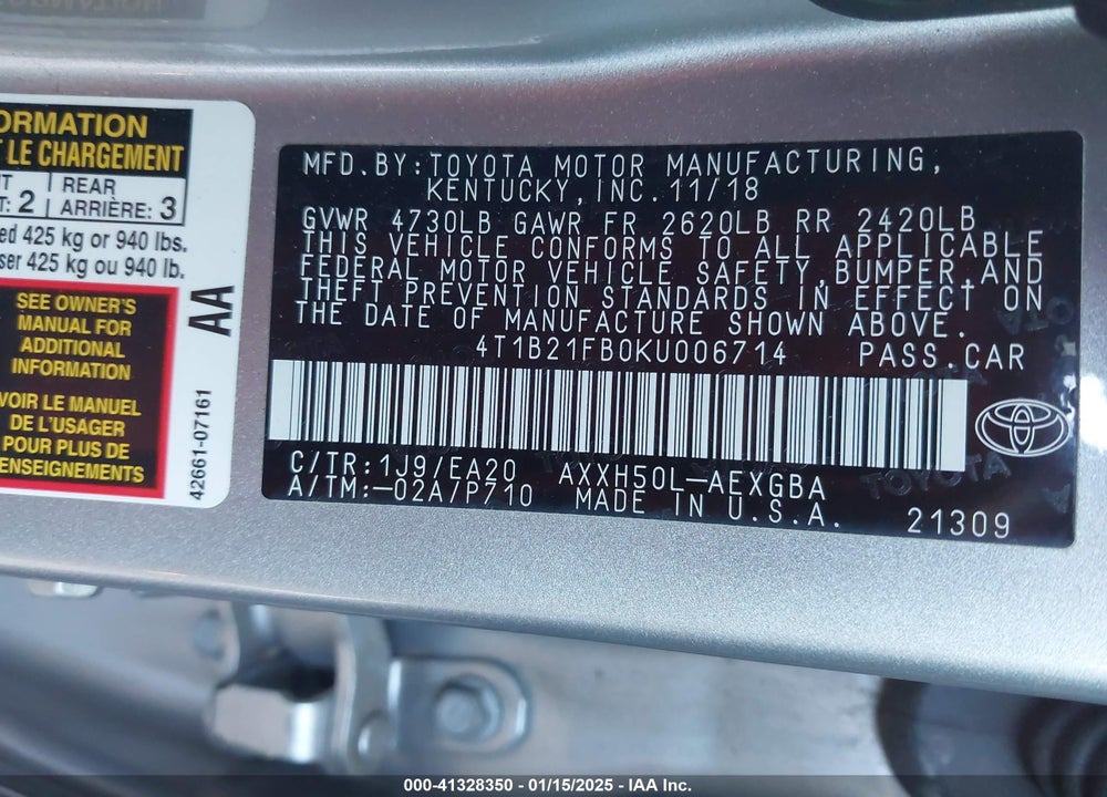 2019 TOYOTA AVALON HYBRID XLE VIN: 4T1B21FB0KU006714