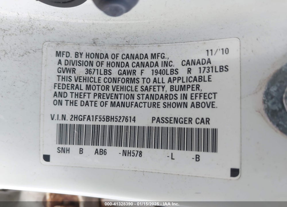 2011 HONDA CIVIC VIN: 2HGFA1F55BH527614