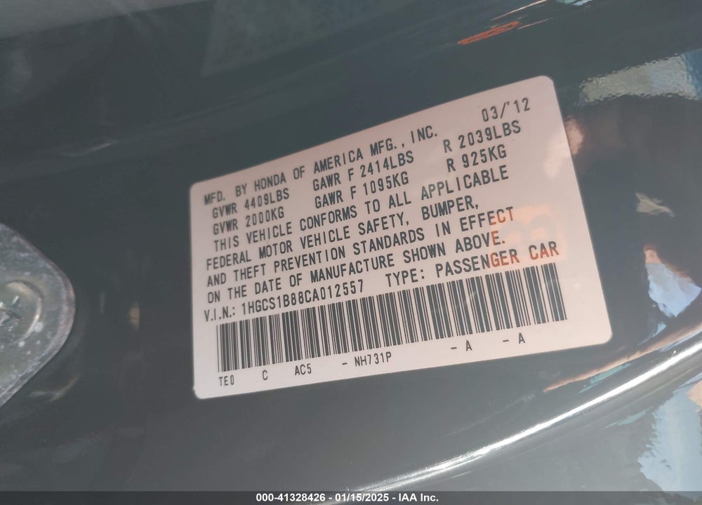 2012 HONDA ACCORD CPE VIN: 1HGCS1B88CA012557