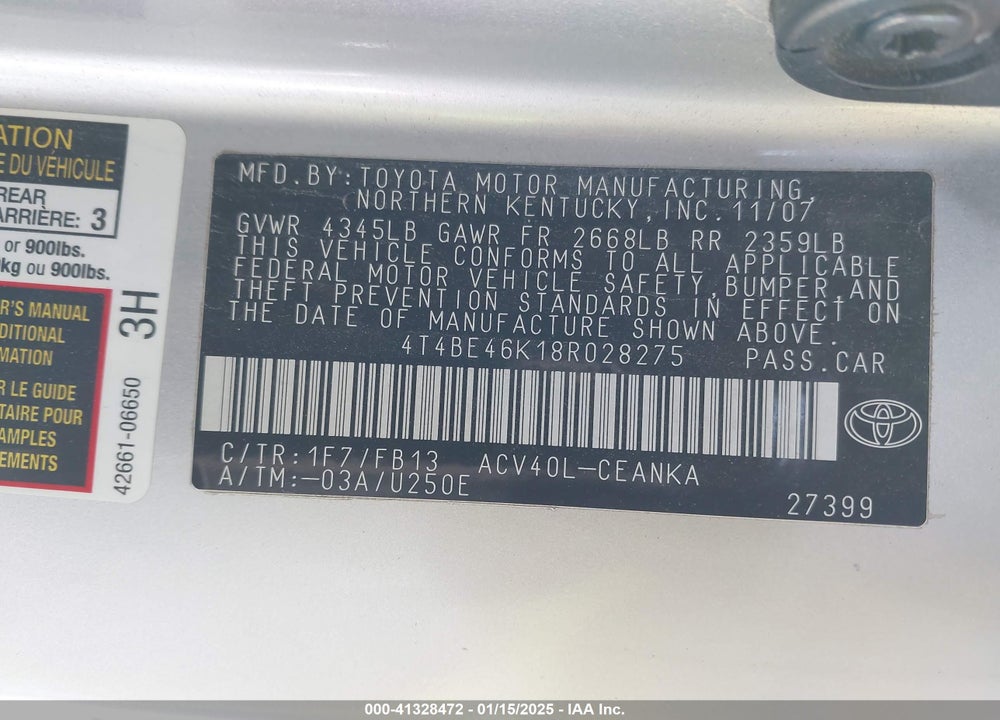 2008 TOYOTA CAMRY VIN: 4T4BE46K18R028275