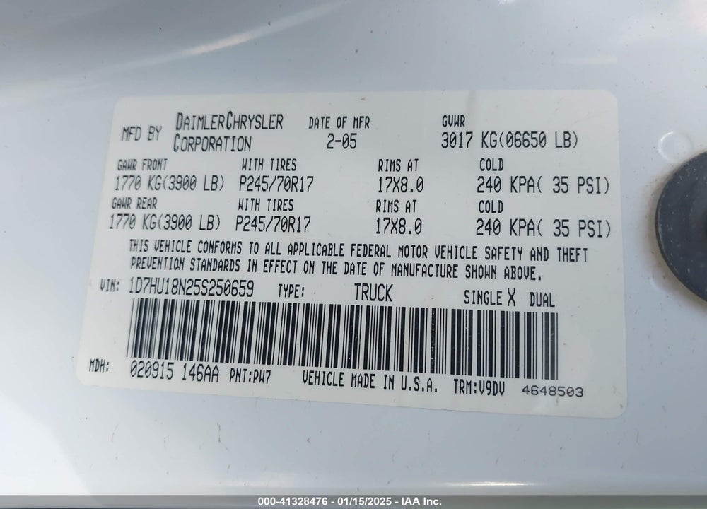 2005 DODGE RAM 1500 SLT/LARAMIE VIN: 1D7HU18N25S250659