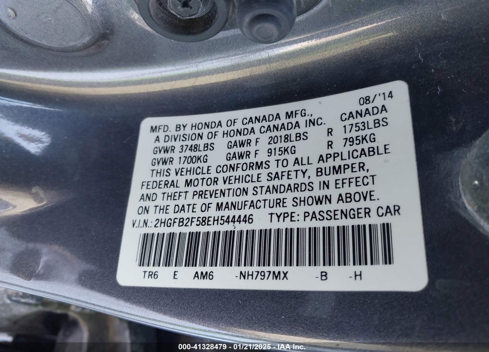 2014 HONDA CIVIC LX VIN: 2HGFB2F58EH544446