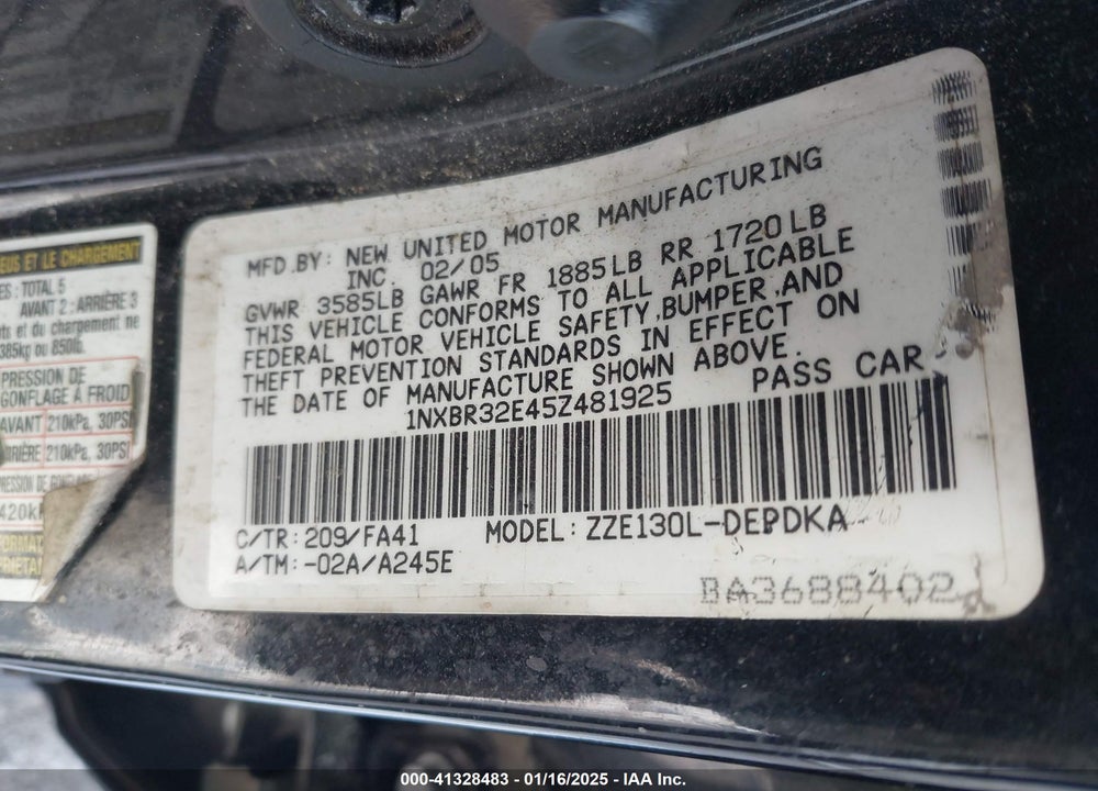 2005 TOYOTA COROLLA CE VIN: 1NXBR32E45Z481925