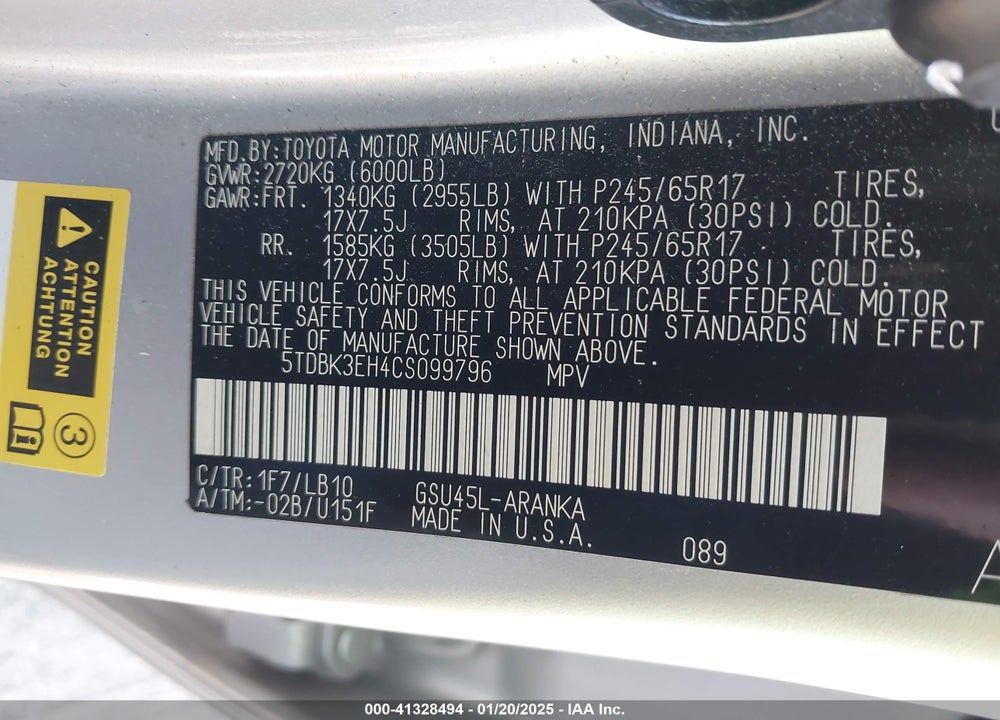 2012 TOYOTA HIGHLANDER SE V6 VIN: 5TDBK3EH4CS099796