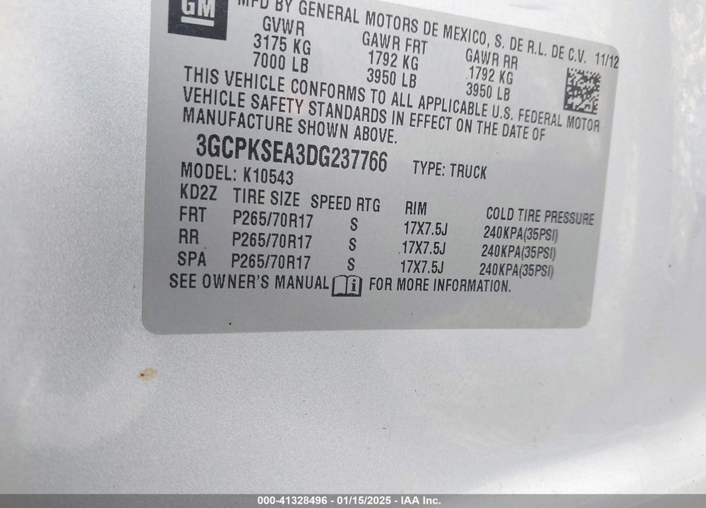 2013 CHEVROLET SILVERADO 1500 VIN: 3GCPKSEA3DG237766