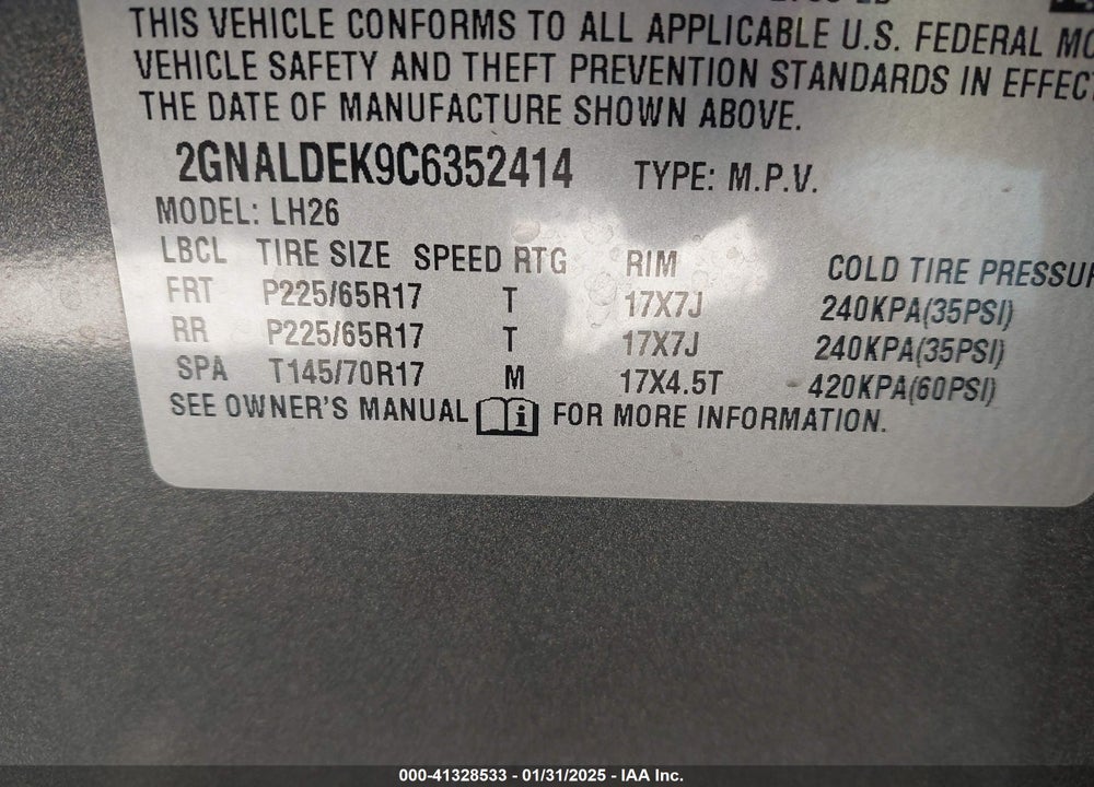 2012 CHEVROLET EQUINOX 1LT VIN: 2GNALDEK9C6352414
