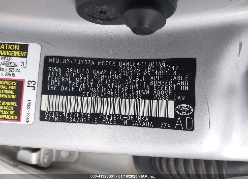 2012 TOYOTA COROLLA LE VIN: 2T1BU4EE5CC873133