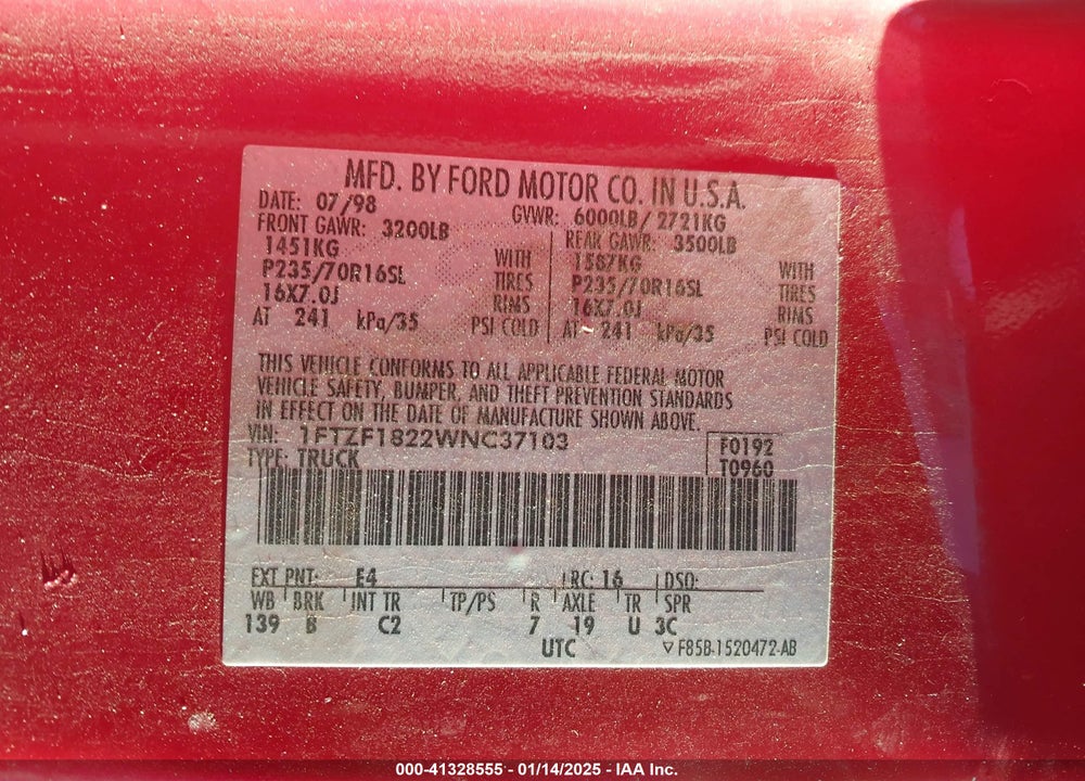 1998 FORD F-150 STANDARD/XL/XLT VIN: 1FTZF1822WNC37103