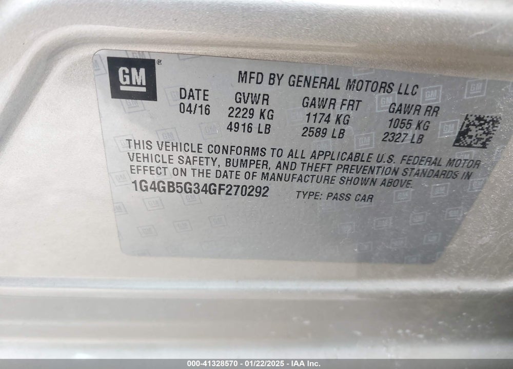 2016 BUICK LACROSSE VIN: 1G4GB5G34GF270292