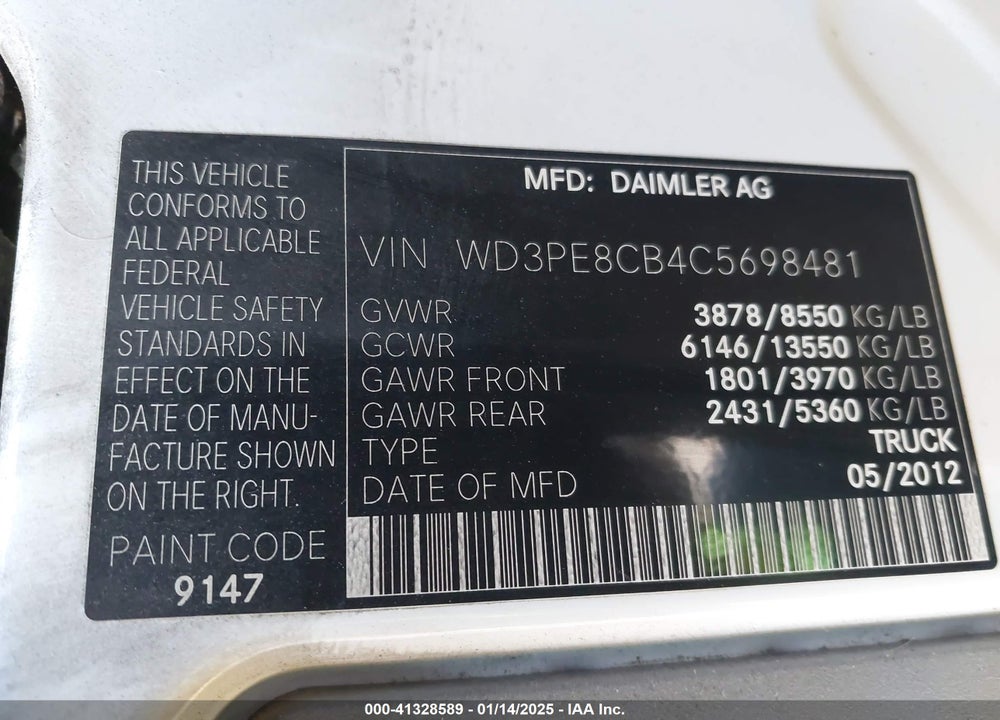 2012 MERCEDES-BENZ SPRINTER 2500 HIGH ROOF VIN: WD3PE8CB4C5698481