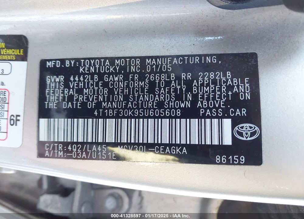2005 TOYOTA CAMRY XLE V6 VIN: 4T1BF30K95U605608