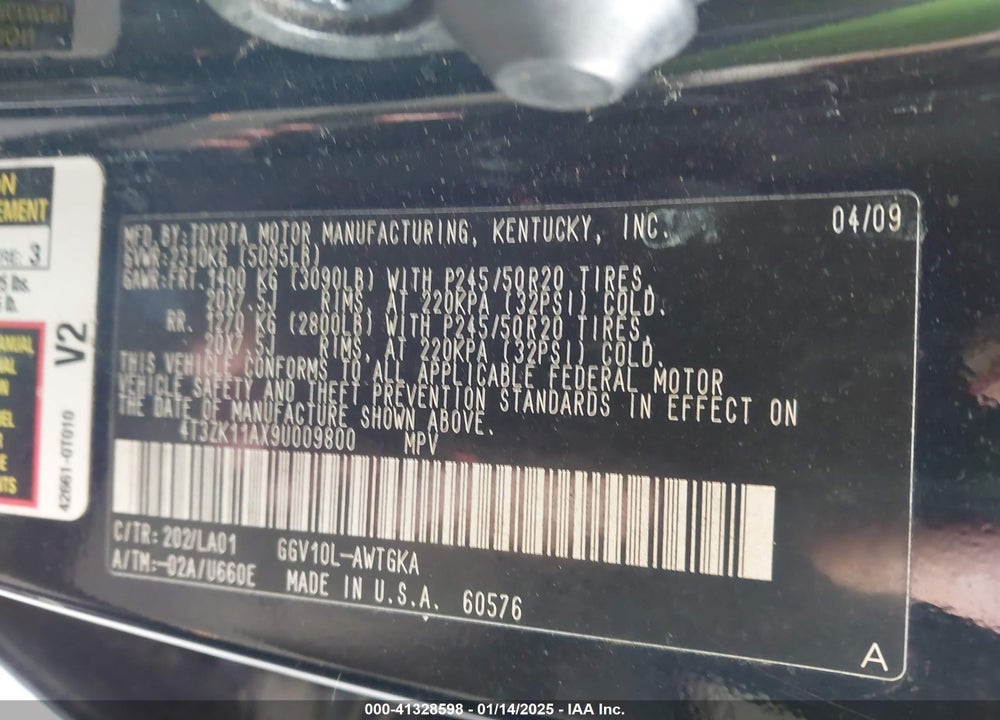 2009 TOYOTA VENZA VIN: 4T3ZK11AX9U009800