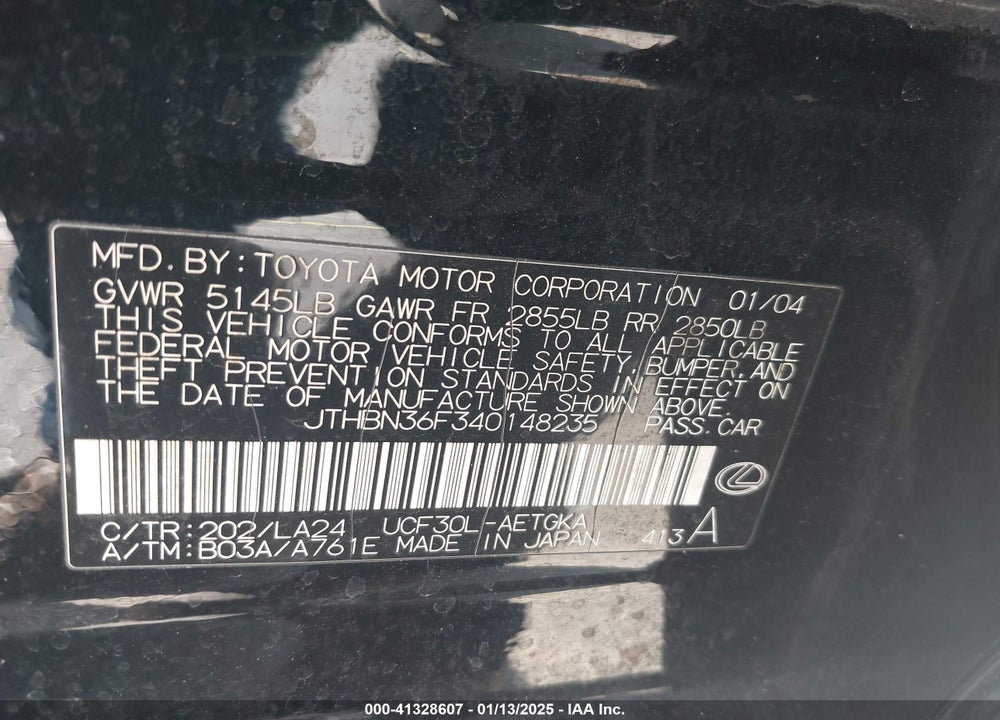 2004 LEXUS LS 430 VIN: JTHBN36F340148235