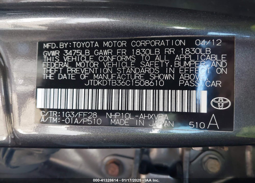2012 TOYOTA PRIUS C TWO VIN: JTDKDTB36C1508610