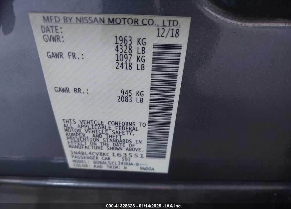 2019 NISSAN ALTIMA 2.5 SR VIN: 1N4BL4CV8KC163551