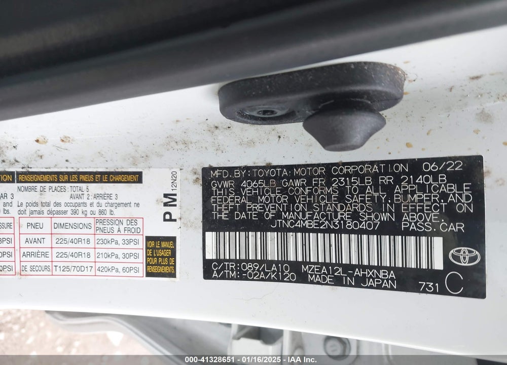 2022 TOYOTA COROLLA VIN: JTNC4MBE2N3180407