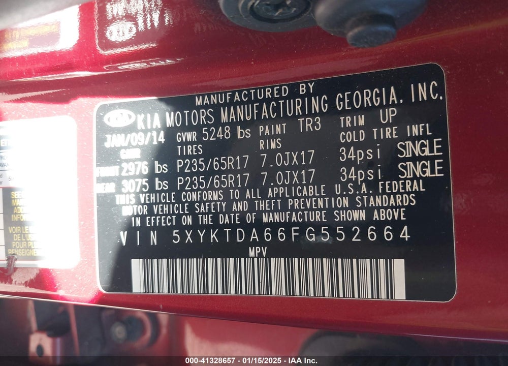 2015 KIA SORENTO LX VIN: 5XYKTDA66FG552664