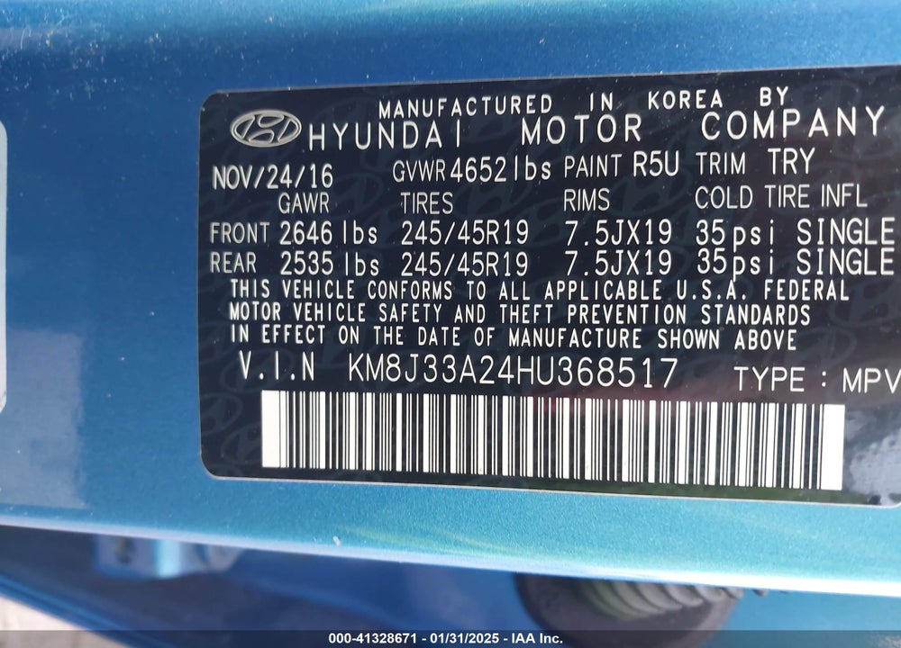 2017 HYUNDAI TUCSON LIMITED VIN: KM8J33A24HU368517