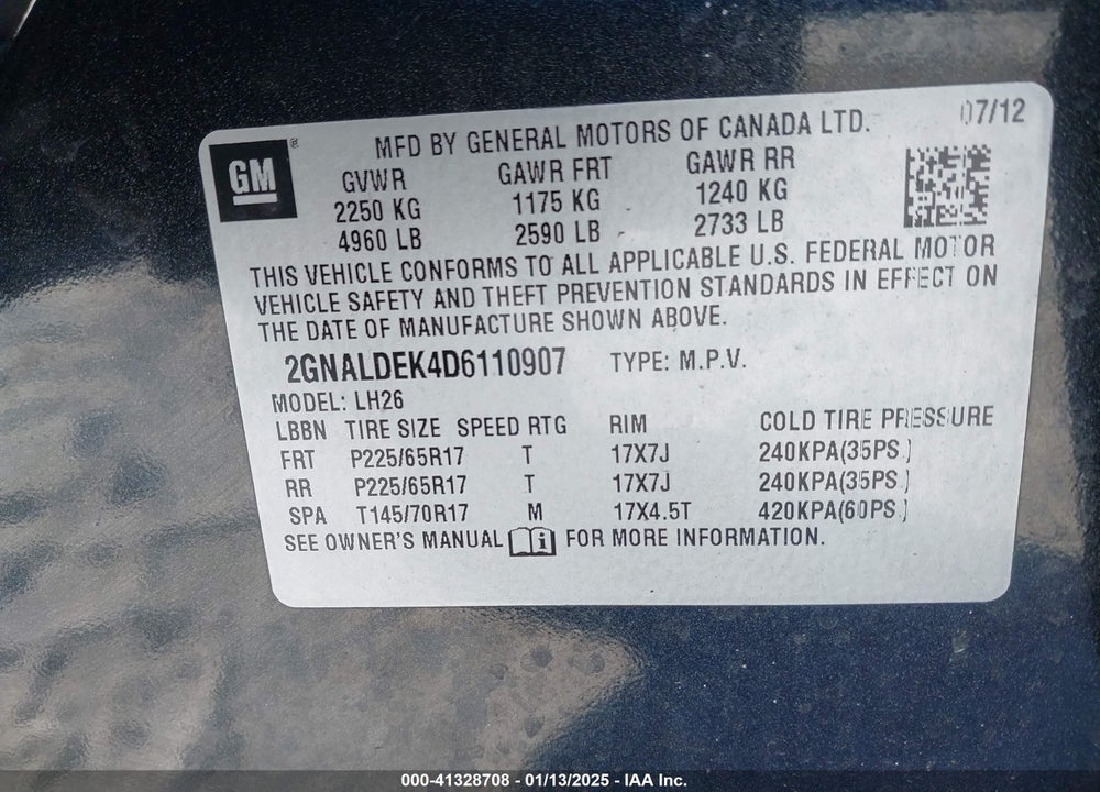 2013 CHEVROLET EQUINOX 1LT VIN: 2GNALDEK4D6110907