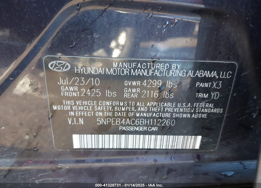 2011 HYUNDAI SONATA VIN: 5NPEB4AC6BH112260