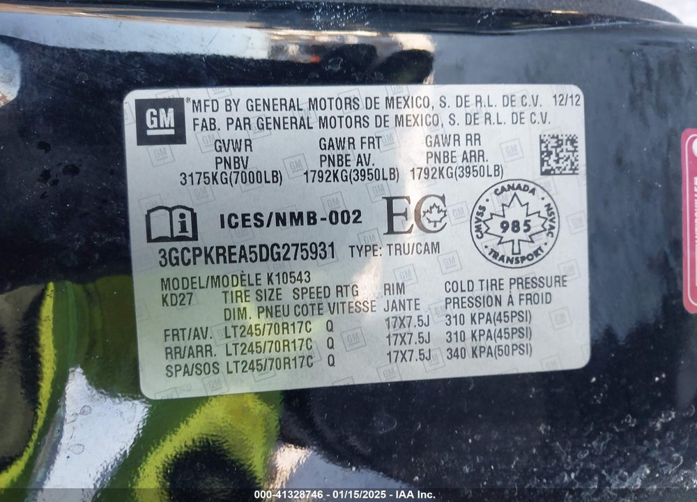 2013 CHEVROLET SILVERADO 1500 VIN: 3GCPKREA5DG275931