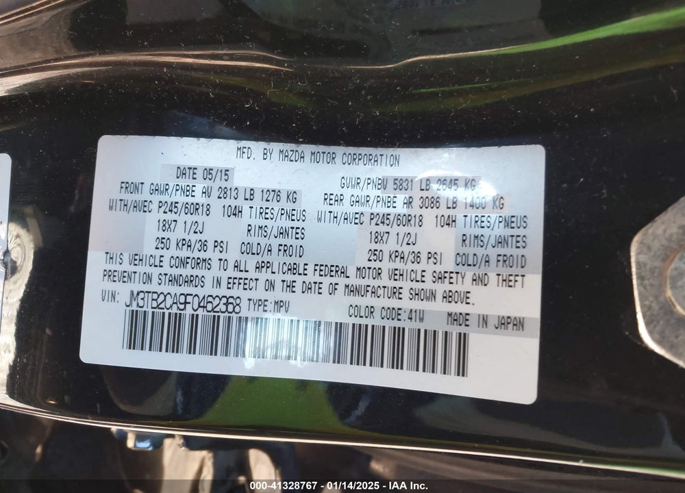 2015 MAZDA CX-9 TOURING VIN: JM3TB2CA9F0462368