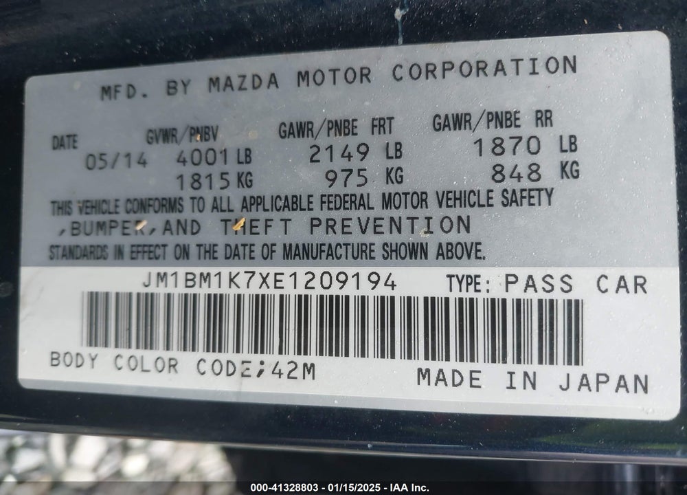 2014 MAZDA MAZDA3 VIN: JM1BM1K7XE1209194