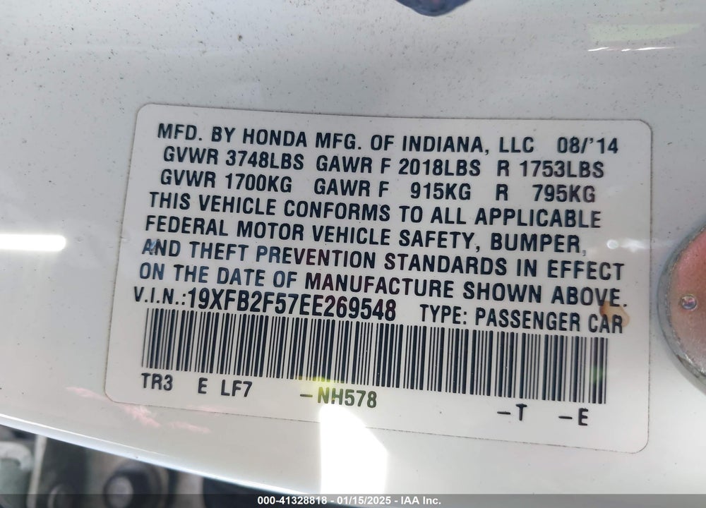 2014 HONDA CIVIC VIN: 19XFB2F57EE269548