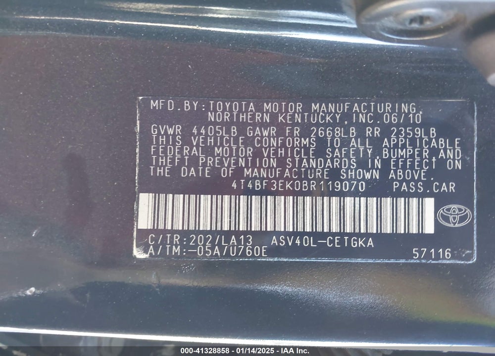 2011 TOYOTA CAMRY VIN: 4T4BF3EK0BR119070