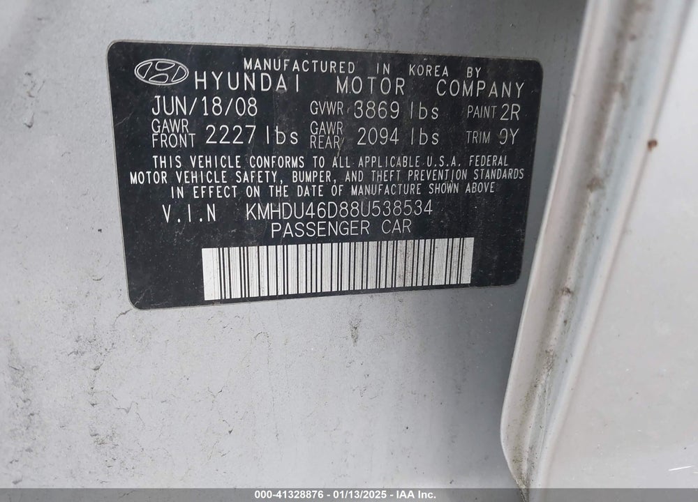2008 HYUNDAI ELANTRA GLS/SE VIN: KMHDU46D88U538534