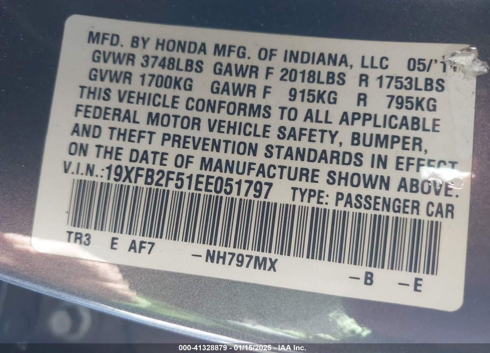 2014 HONDA CIVIC LX VIN: 19XFB2F51EE051797