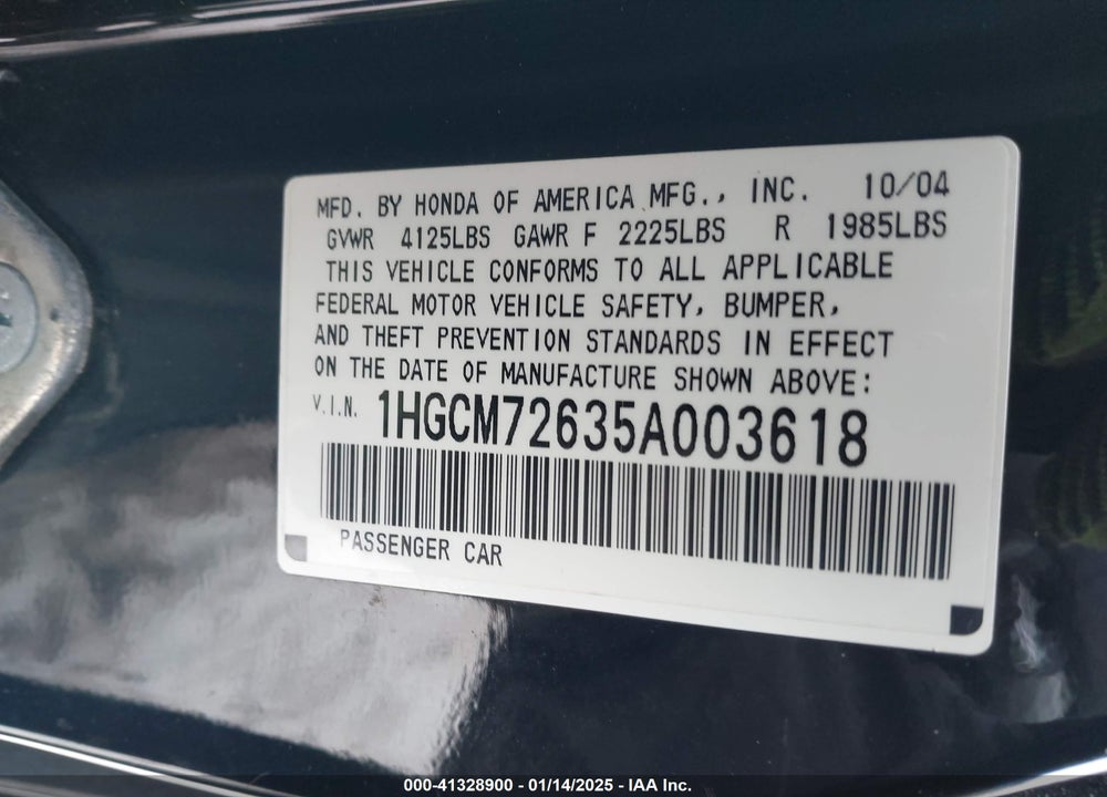 2005 HONDA ACCORD 2.4 EX VIN: 1HGCM72635A003618